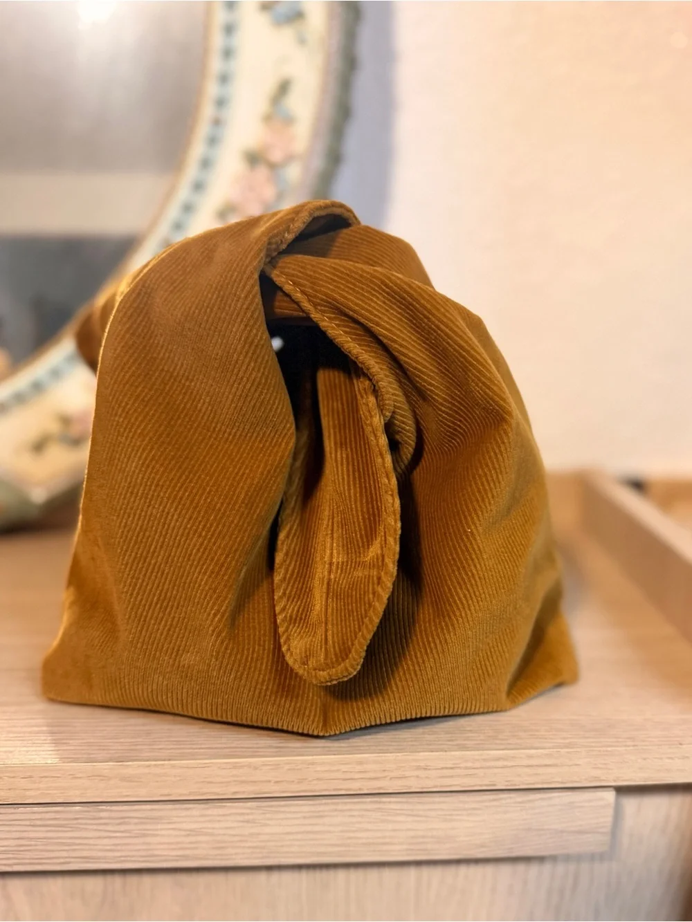 Merit Corduroy Knot Handle Cosmetic Pouch — Mustard